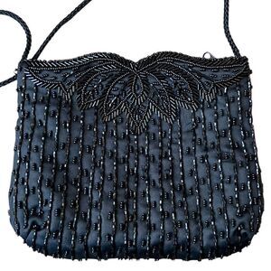 beaded cocktail purse Vintage-look black satin, like new!